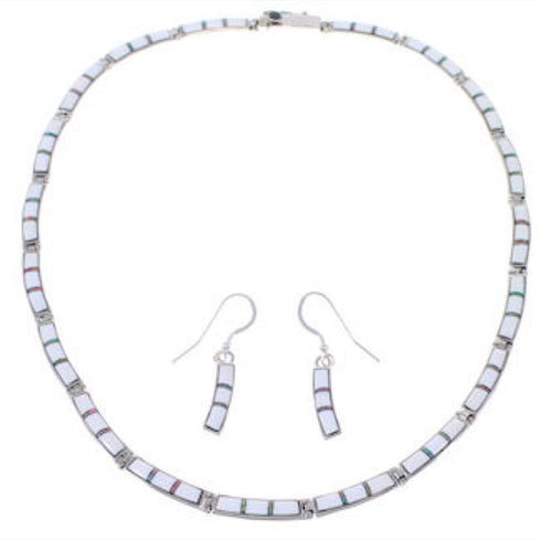 Silver Opal And White Inlay Link Necklace And Earrings Set FX26437
